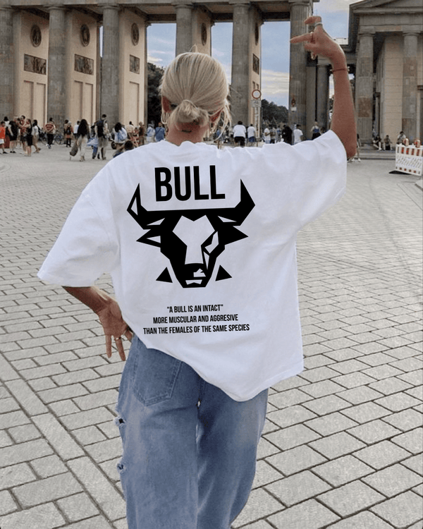 Arlo Bull Oversized Tshirt – white oversized tee with bold black bull graphic on back, worn by model