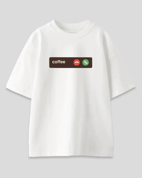 Arlo Coffee Call Oversized T-Shirt – white 100% cotton graphic tee with a brown coffee-call graphic and red/green icons.