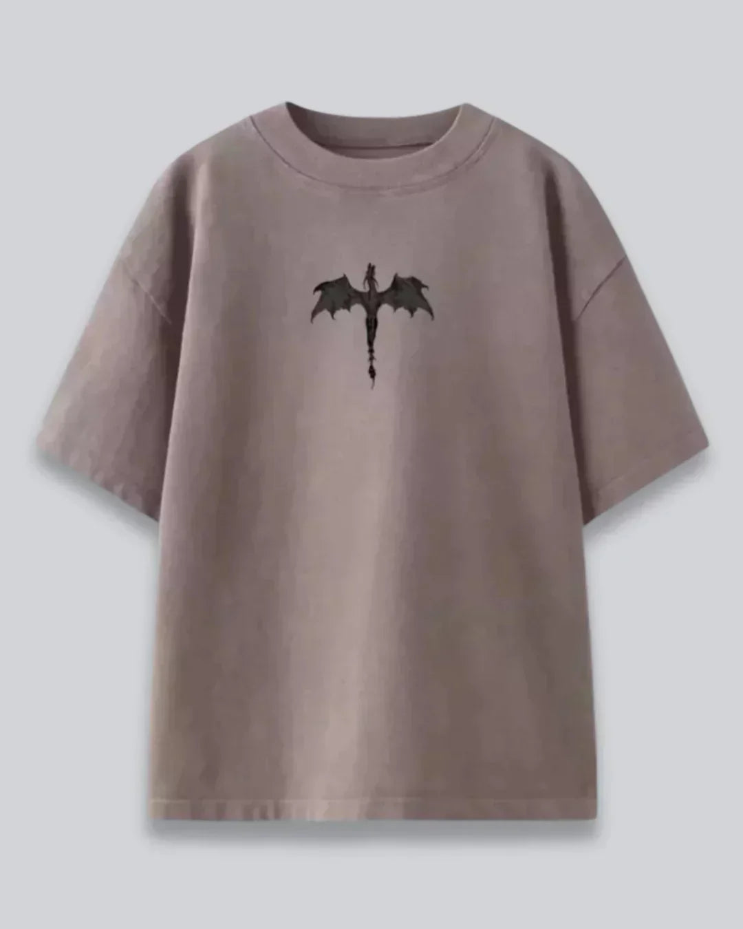 Arlo Fire Dragon Oversized T-Shirt - taupe graphic tee with black dragon print, flat lay