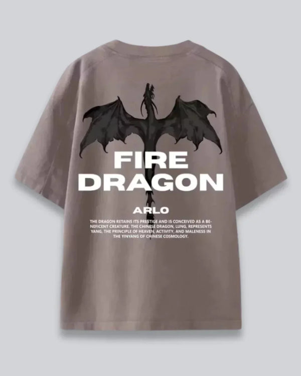 Arlo Fire Dragon Oversized T-Shirt – taupe graphic tee with a black dragon and bold FIRE DRAGON text, shown in flat lay