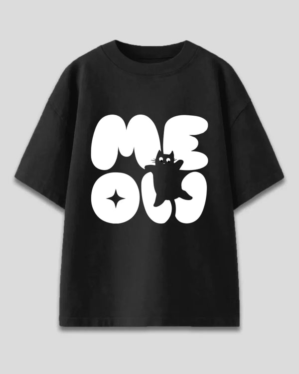 Arlo Meow Oversized T-Shirt – black graphic tee with bold white MEOW lettering and a black cat design, shown in flat lay