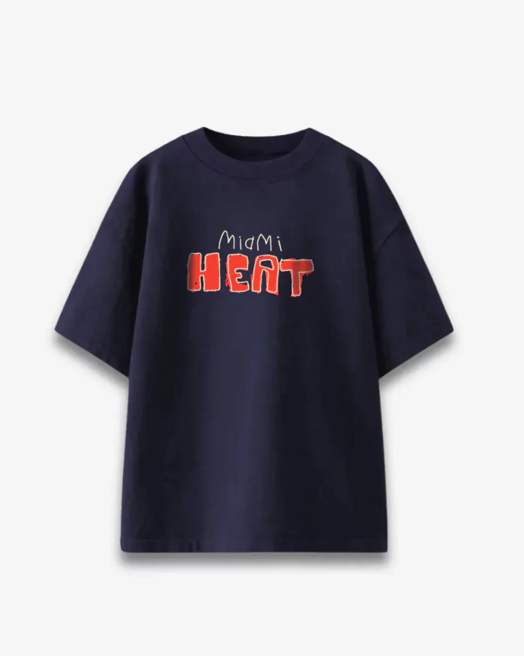 Arlo Miami Heat Oversized T-shirt – navy blue tee with red Miami Heat graphic, shown in flat lay