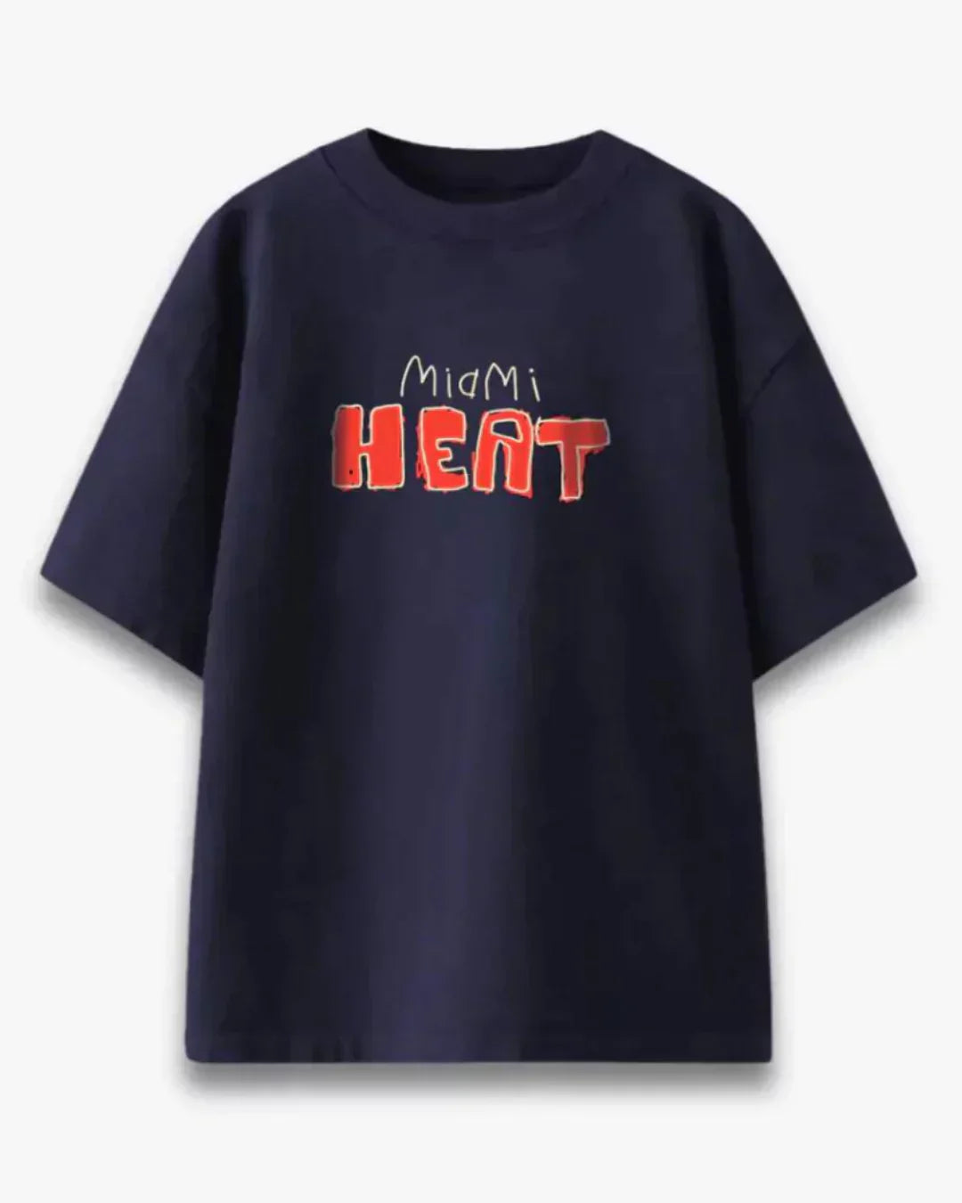 Arlo Miami Heat Oversized T-shirt - navy blue, oversized fit with red HEAT graphic on front, flat lay