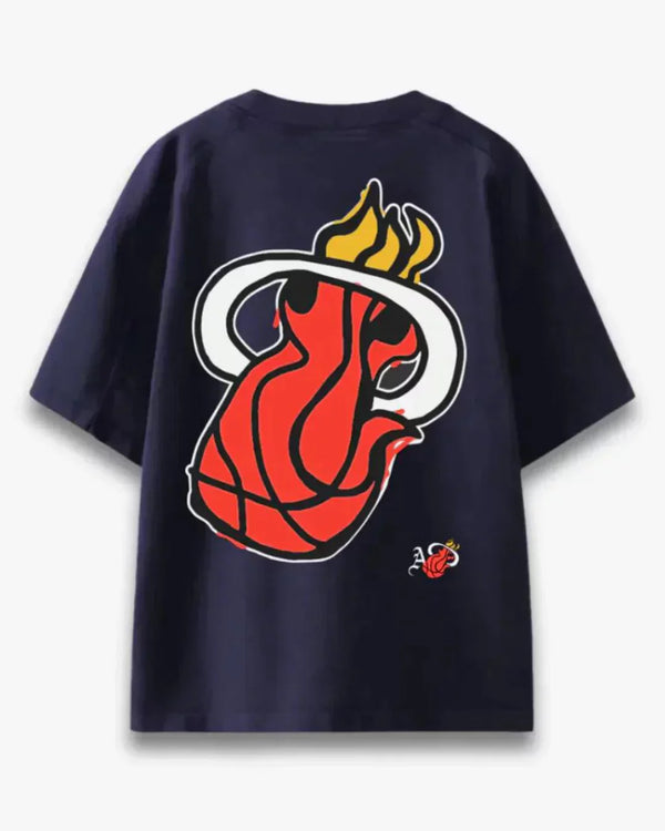 Arlo Miami Heat Oversized T-shirt - navy tee with bold flaming heart graphic and small Arlo logo