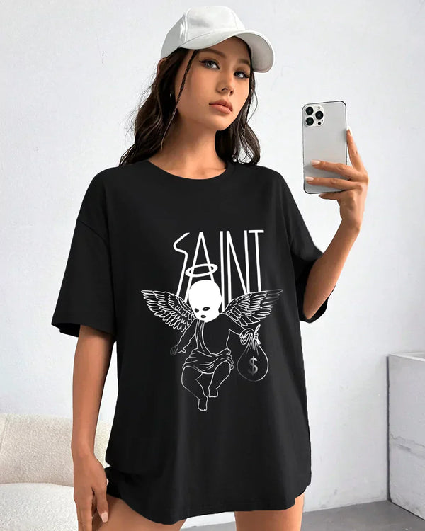 Arlo Money Bag Oversized T-Shirt - black graphic tee with winged baby and money bag, SAINT text, worn by model