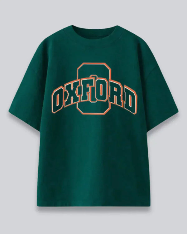 Arlo Oxford Oversized T-Shirt – green graphic tee with orange-outlined Oxford logo