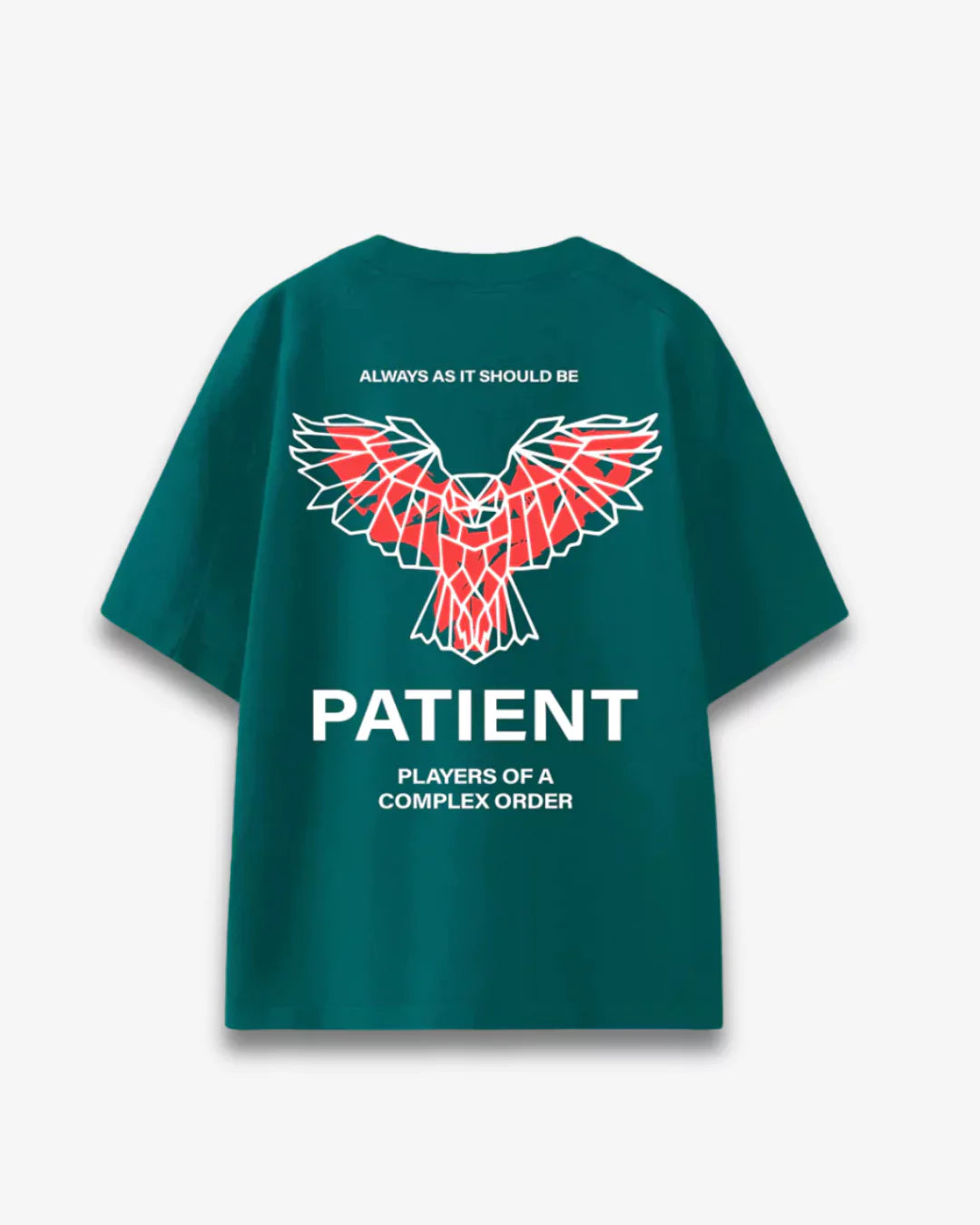 Arlo Patient Oversized T‑Shirt - teal 100% cotton tee with red geometric bird back print and PATIENT text, flat lay.