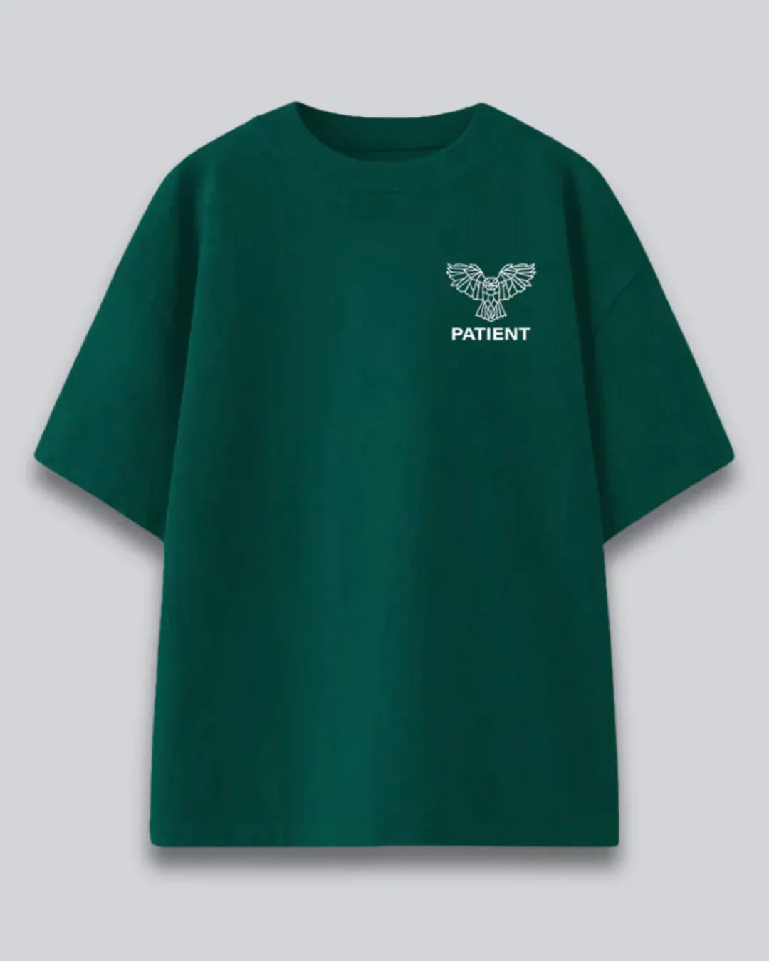 Arlo Patient Oversized T-Shirt - green oversized tee with an eagle graphic and PATIENT on the left chest, shown in flat lay