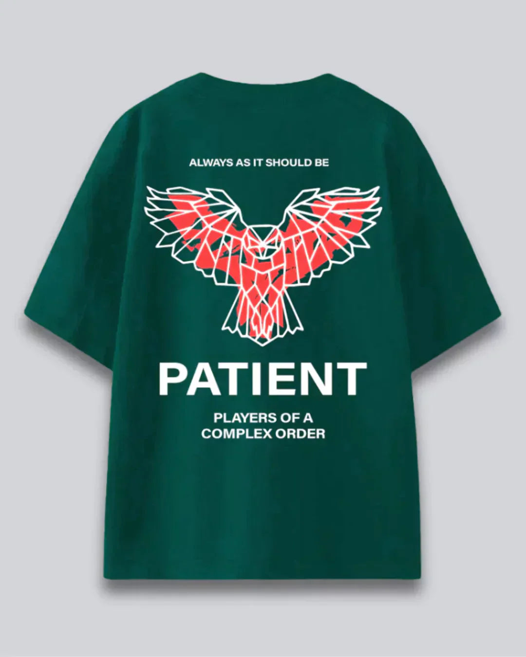 Arlo Patient Oversized T-Shirt - green 100% cotton tee with red geometric wing design, shown in flat lay