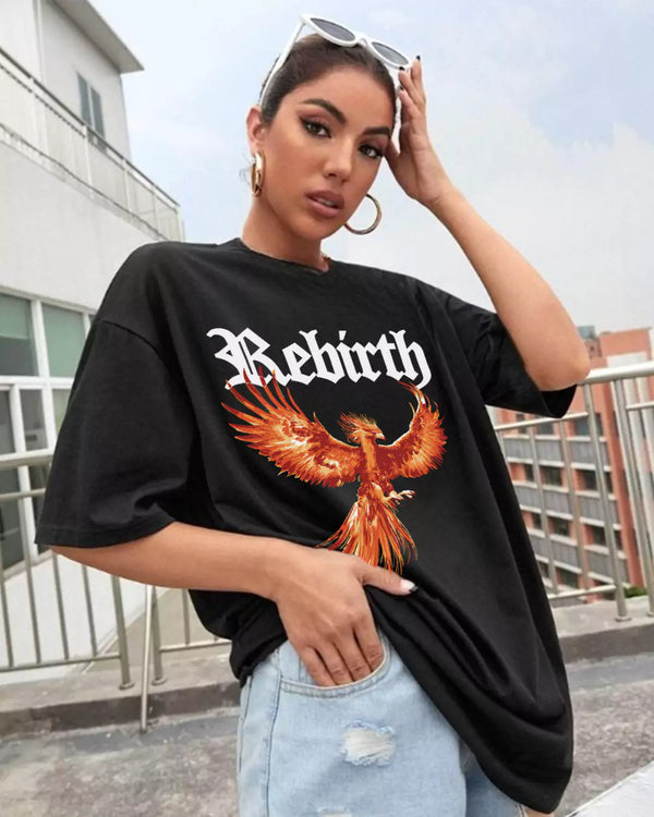 Arlo Rebirth Oversized Tshirt, black cotton tee with orange phoenix graphic and Rebirth text worn by model