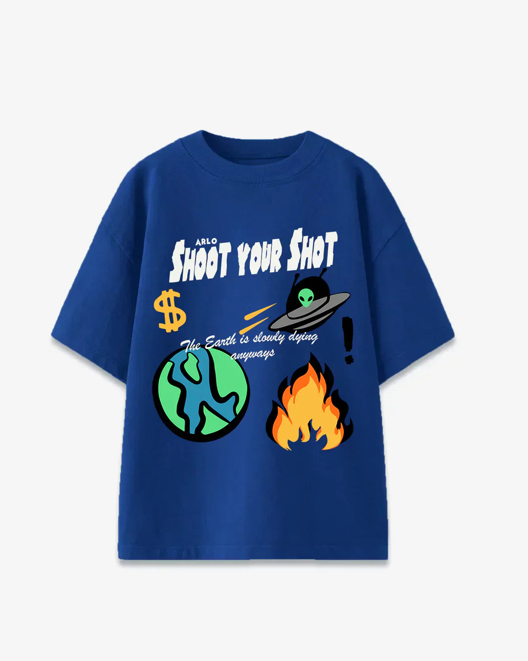 Arlo Shoot Your Shot Oversized T-Shirt – blue cotton tee with bold graphic print, flat lay