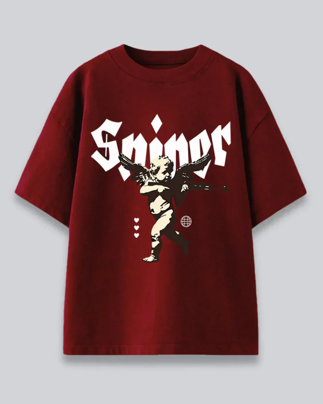 Arlo Sniper Oversized T-Shirt – maroon cotton graphic tee with white bold lettering and winged figure design