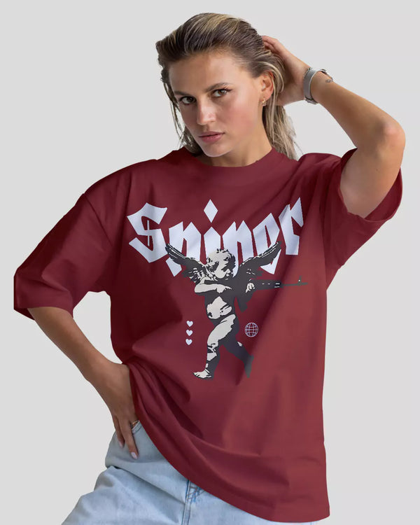 Arlo Sniper Oversized T-Shirt - maroon 100% cotton graphic tee with Sniper print, worn by model