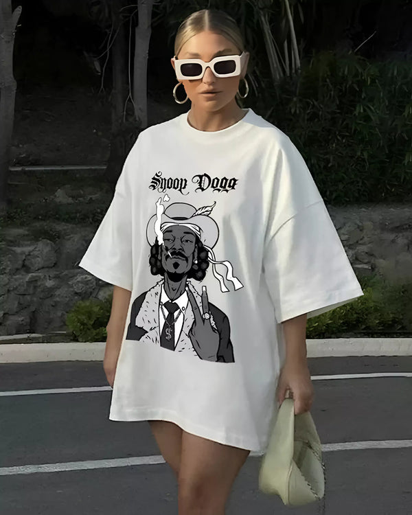 Arlo Snoopy Oversized T-Shirt – white graphic tee with a black-and-white illustration of a man in a hat and suit, worn by a model