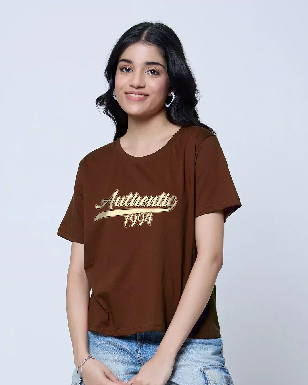 Authentic Brown Boxy T-Shirt – brown boxy tee with Authentic 1994 graphic, worn by model