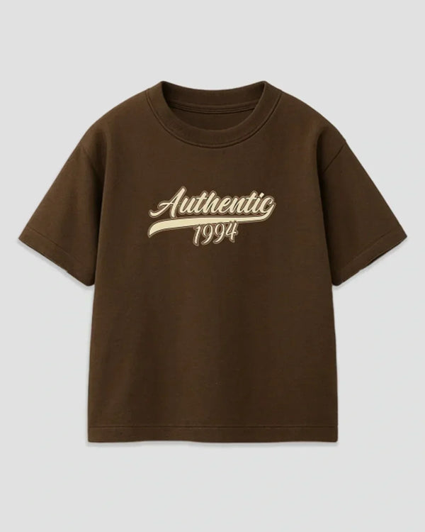 Authentic Brown Boxy T-Shirt - boxy tee with cream Authentic 1994 script, flat lay
