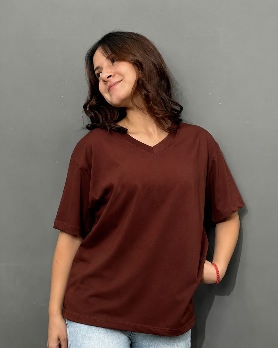 Brown Plain V-Neck Oversize T-Shirt