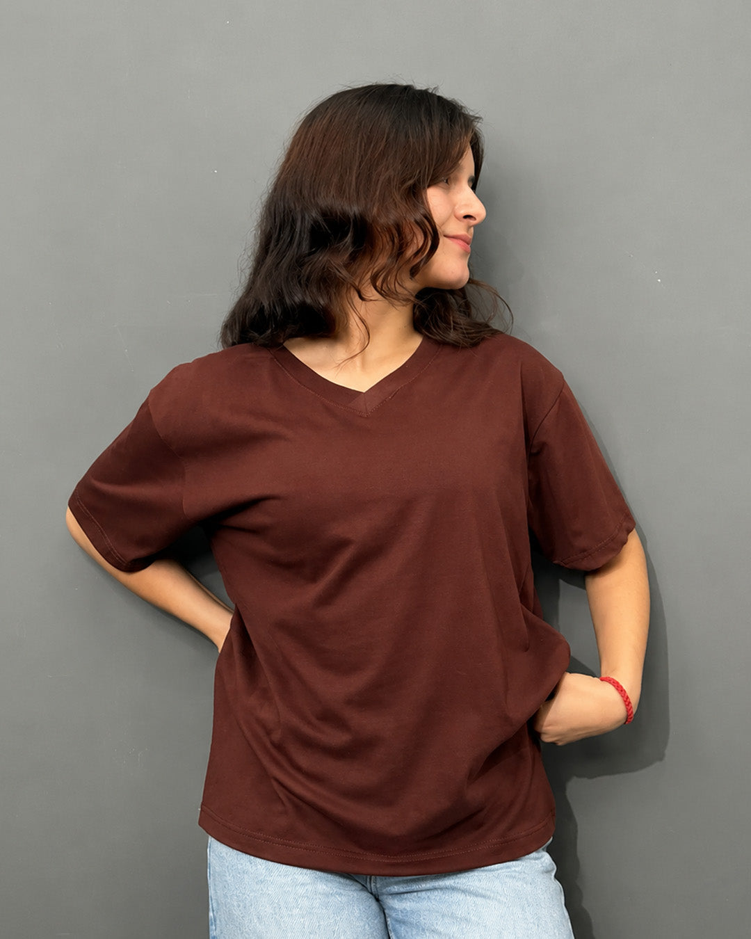 Brown Plain V-Neck Oversize T-Shirt
