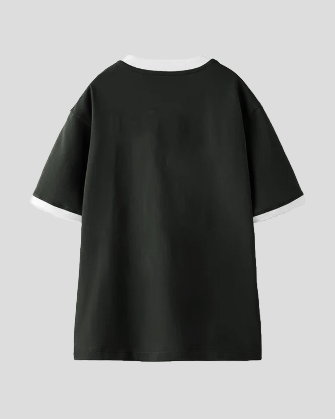 Bag Pack Tap Out T-Shirt – black oversized regular tee with white ribbed collar and cuffs, shown flat lay, DKY