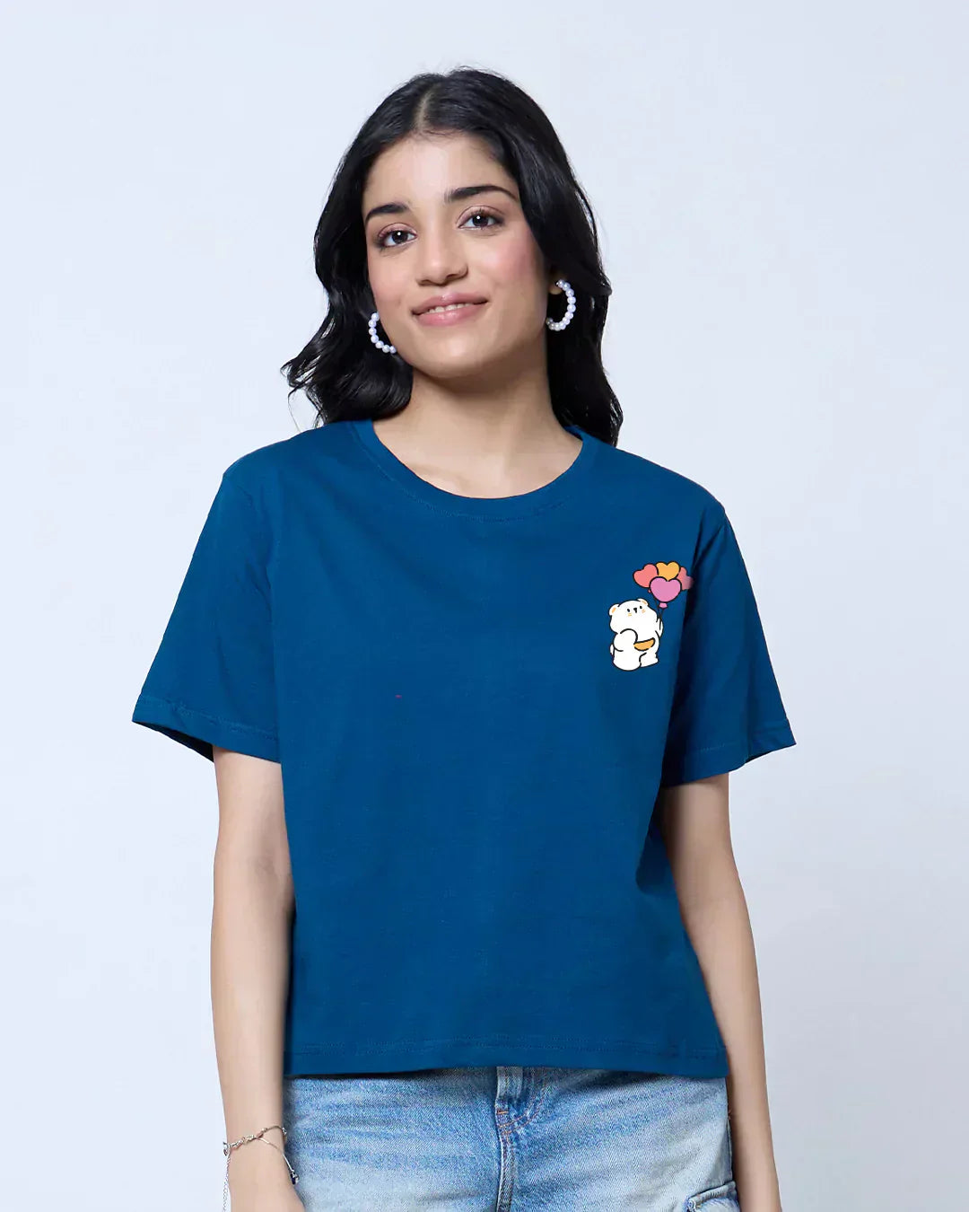 Balloon Bear Casio Boxy T-Shirt by DKY – blue boxy OS Pocket tee with balloon bear graphic, worn by model