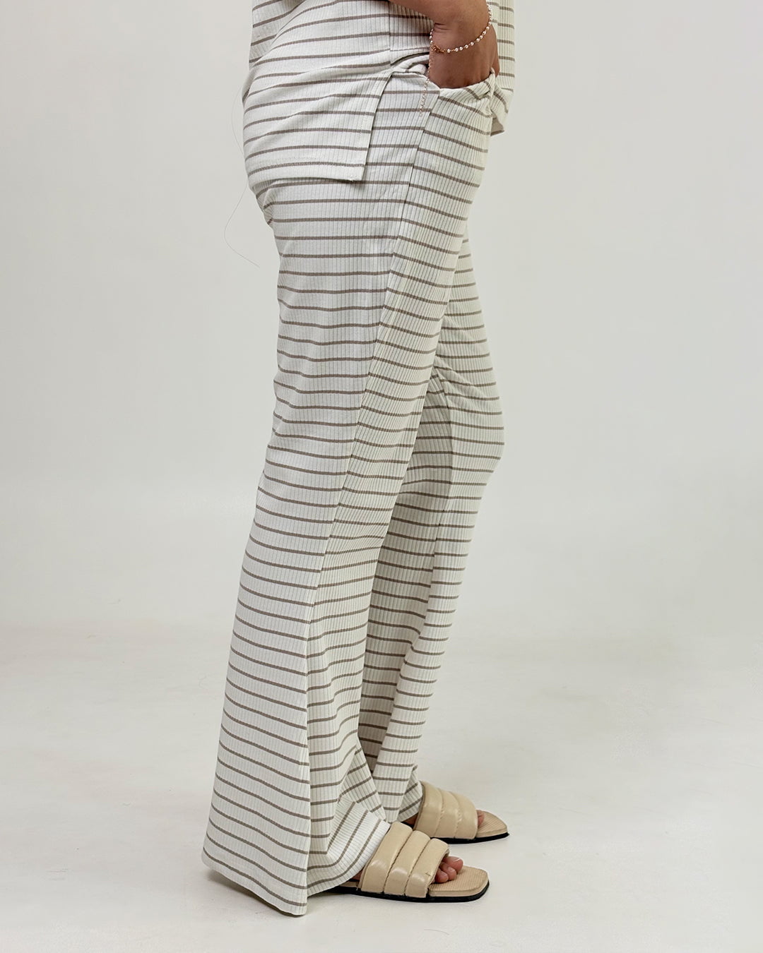 Beige Ribbed Co-Ord Set – beige striped wide-leg pants with pockets, ribbed knit, worn by model