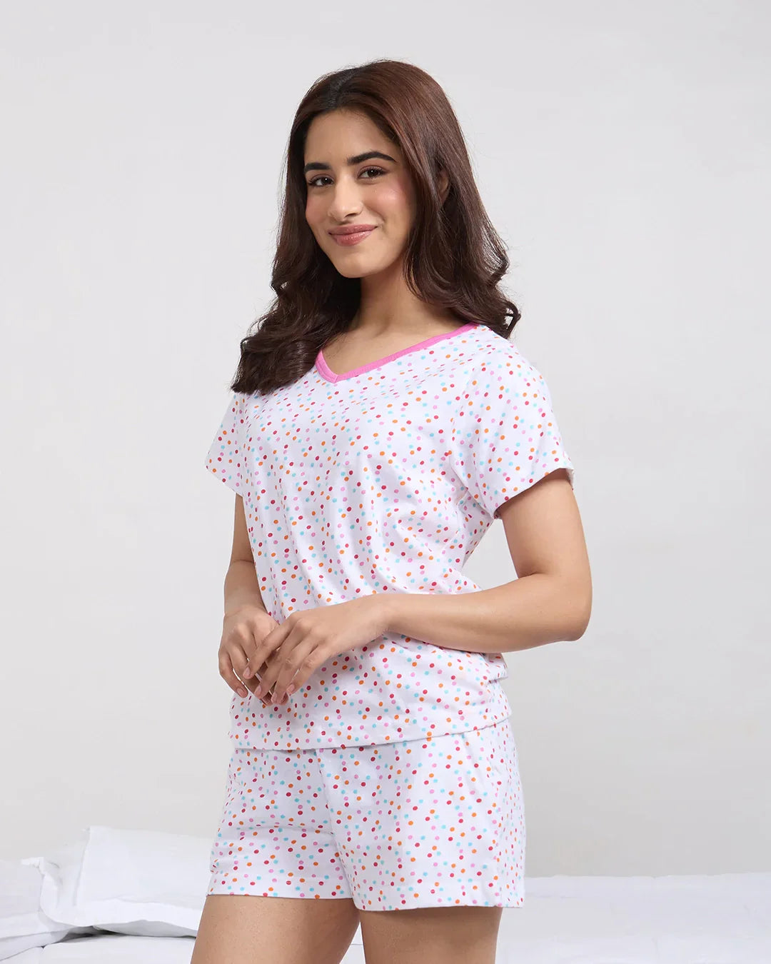 Berry Pop Cotton Shorts Set – white with multicolor polka dots, pink-trim top with matching shorts, worn by model