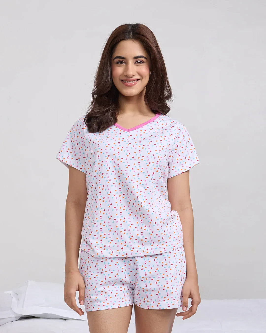 Berry Pop Cotton Shorts Set by DKY – white cotton with multicolor dots, pink-trim V-neck short-sleeve top and matching dotted shorts