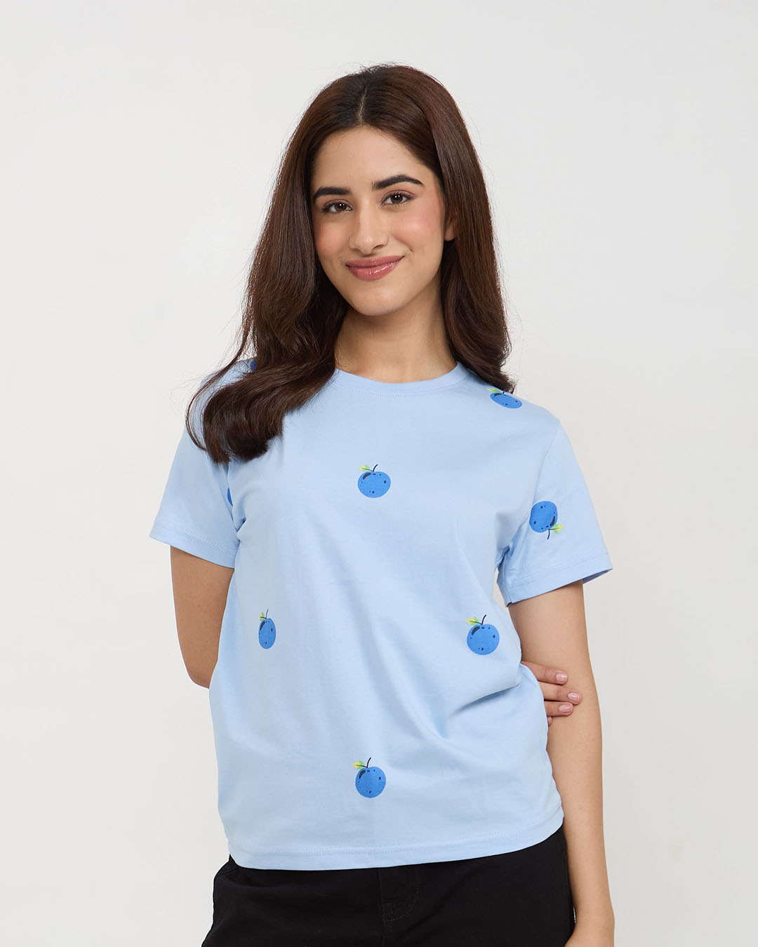 Berry T-Shirt - light blue regular tee with blueberry prints, worn by model
