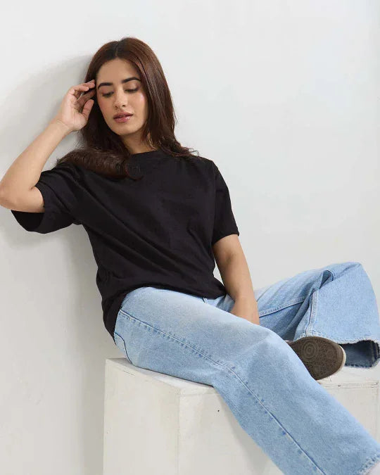 Black Plain Oversized T-Shirt for Women Online In India | Dky