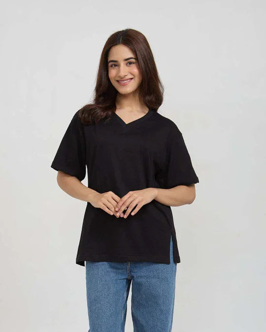 Black Plain V-Neck Oversize T-Shirt - Shop Printed T shirt for Women Online In India | LoveDky