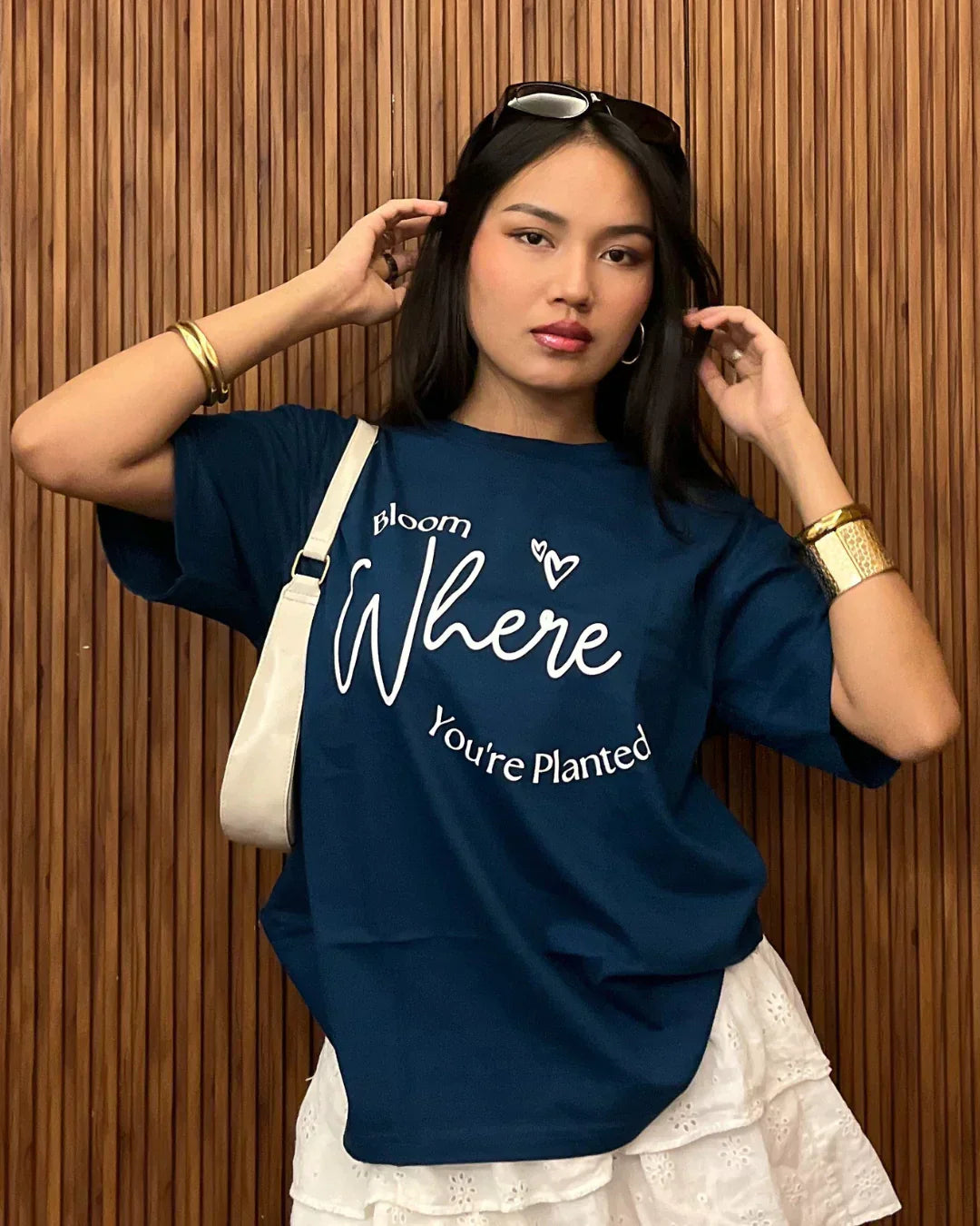 Bloom Where You Are Planted Oversized T-Shirt - navy blue OS Graphic tee with white text, worn by model