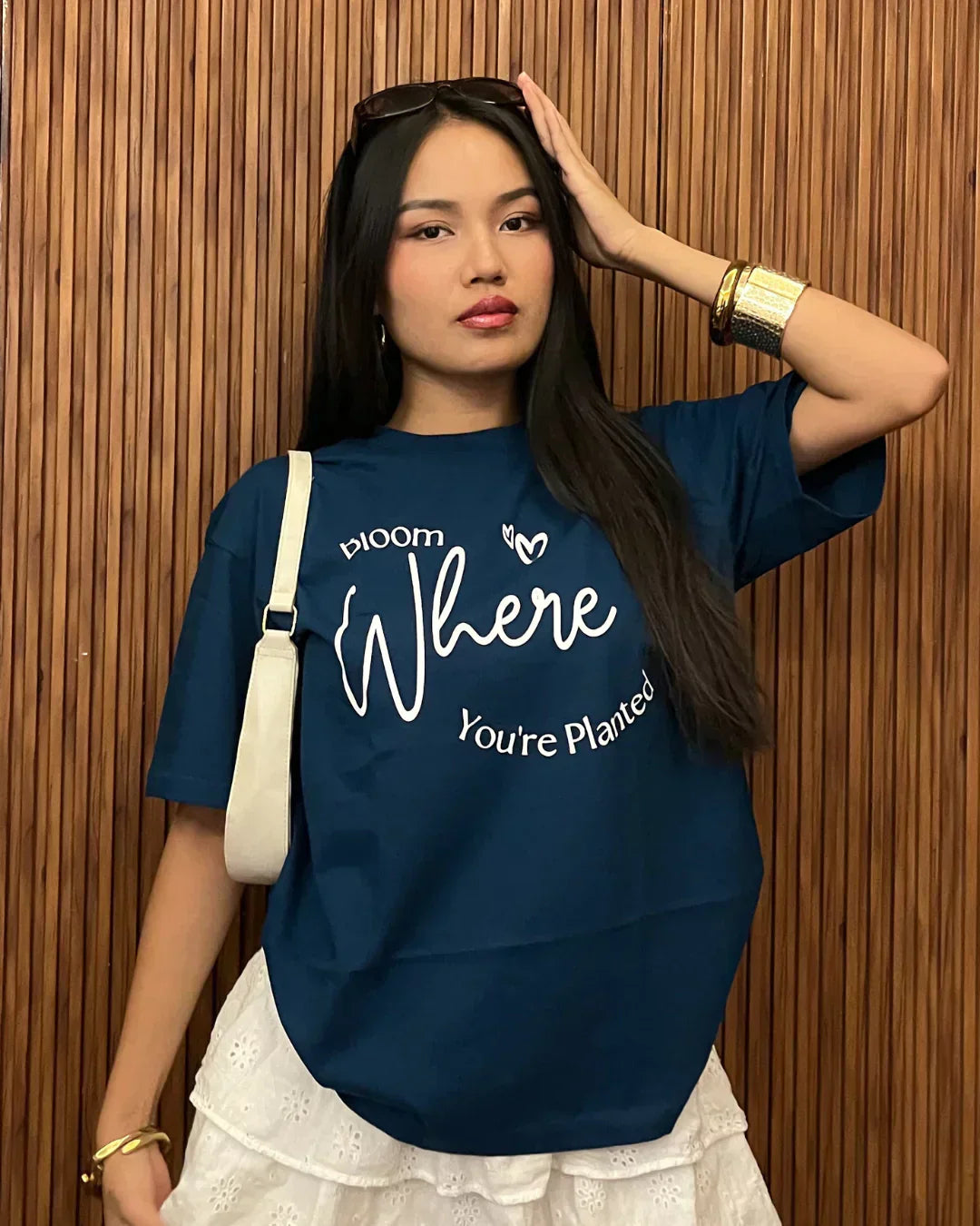 Bloom Where You Are Planted Oversized T-Shirt – navy blue, oversized fit with white graphic text, worn by model