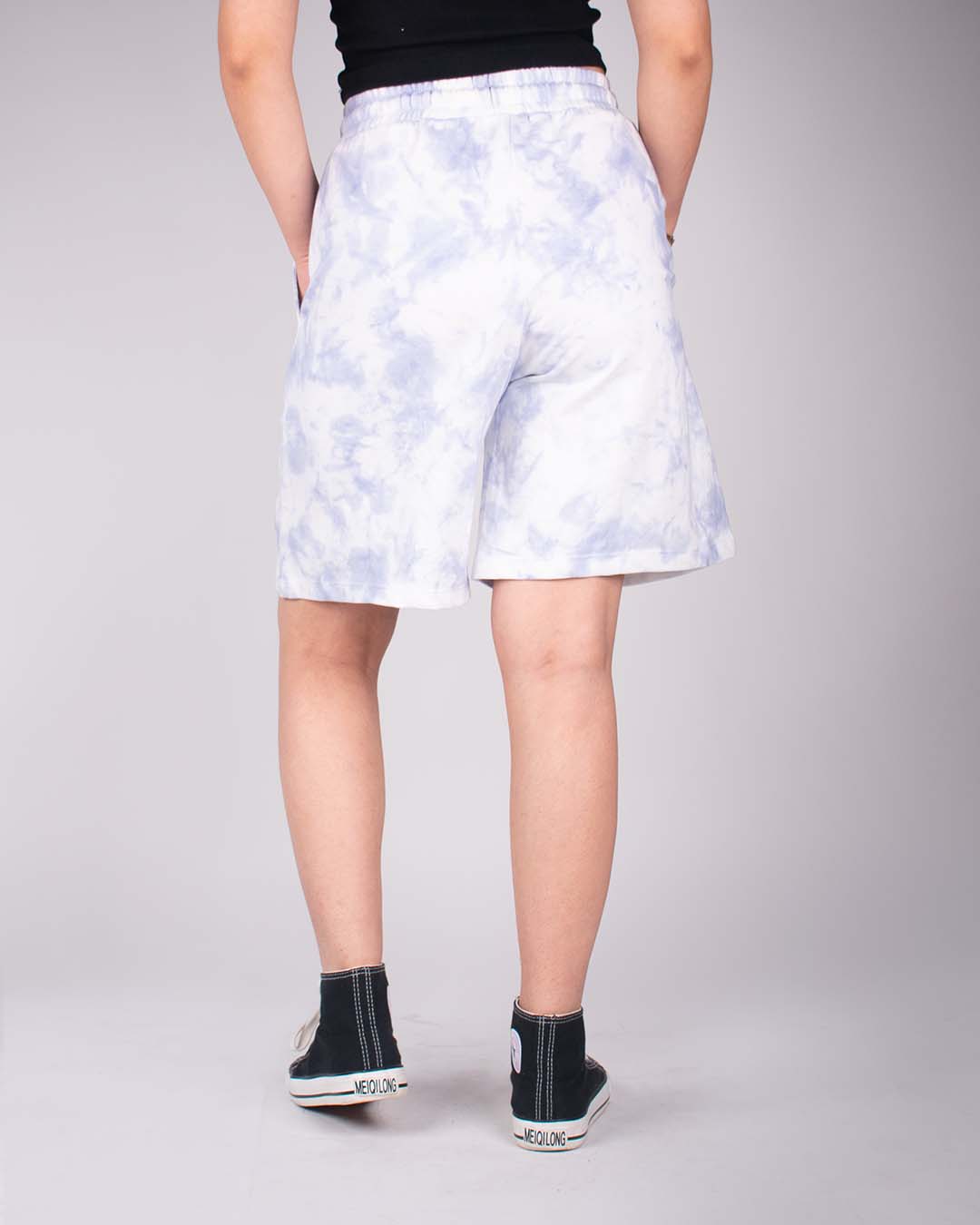 Blue Tie Dye Bermuda Shorts - blue and white tie-dye, relaxed-fit knee-length, worn by model
