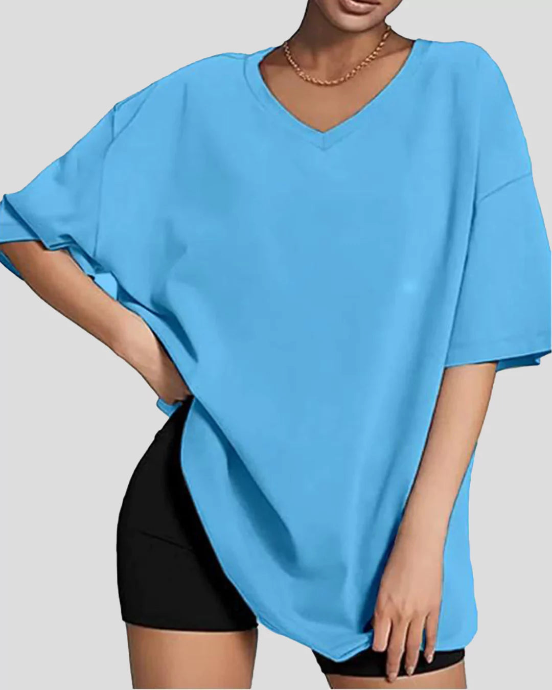 Denim Blue Plain V-Neck Oversized T-Shirt