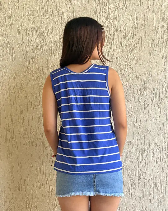 Bluey Sleeveless Scoop Neck T-Shirt – blue and white striped DKY top, worn by model.