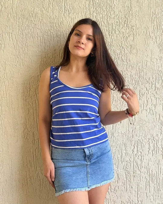 Bluey Sleeveless Scoop Neck T-Shirt - blue and white striped top worn by model in denim shorts