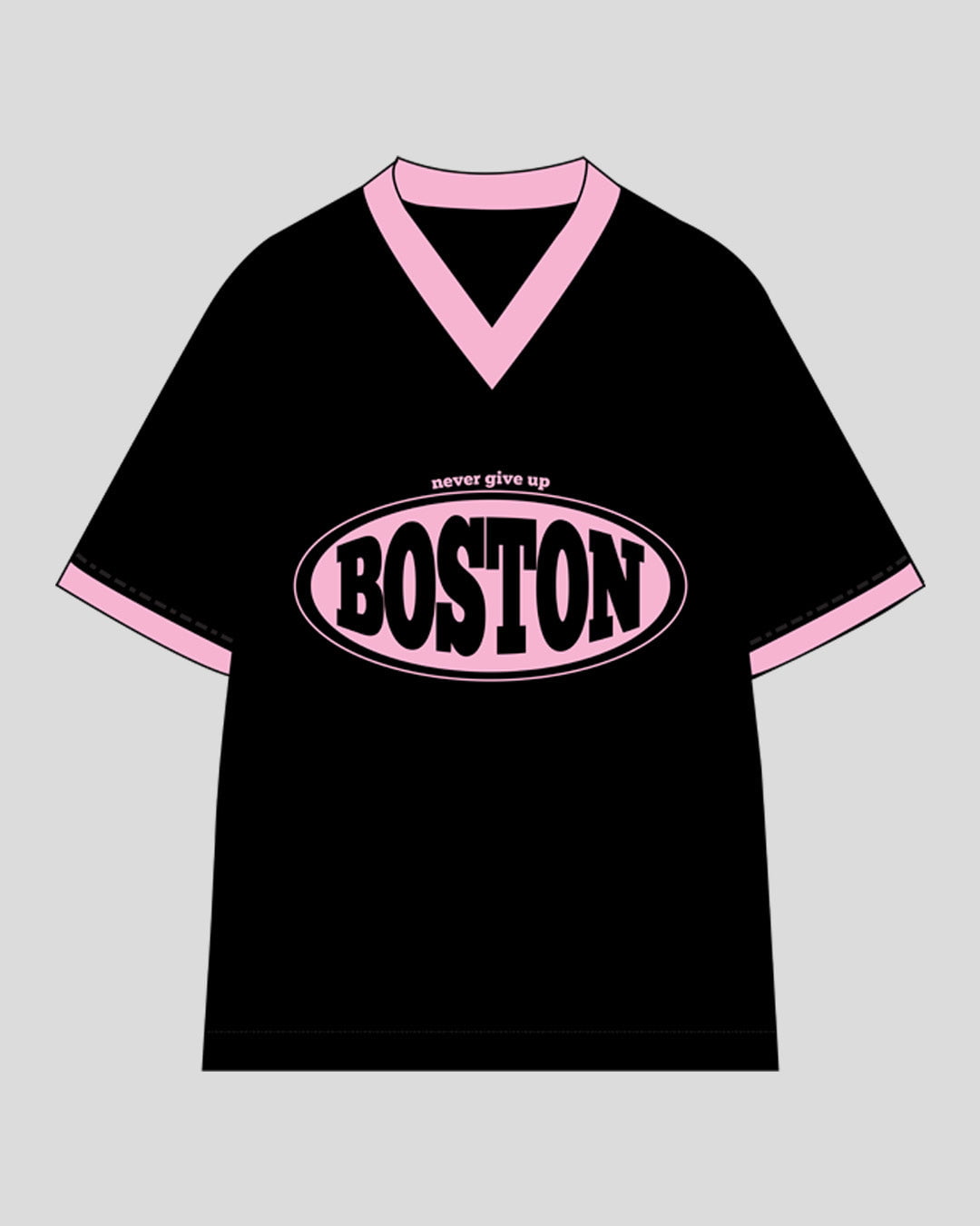 Boston Tap-Out V-Neck Oversize T-Shirt – black tee with pink V-neck, pink sleeve cuffs, and BOSTON graphic in flat lay