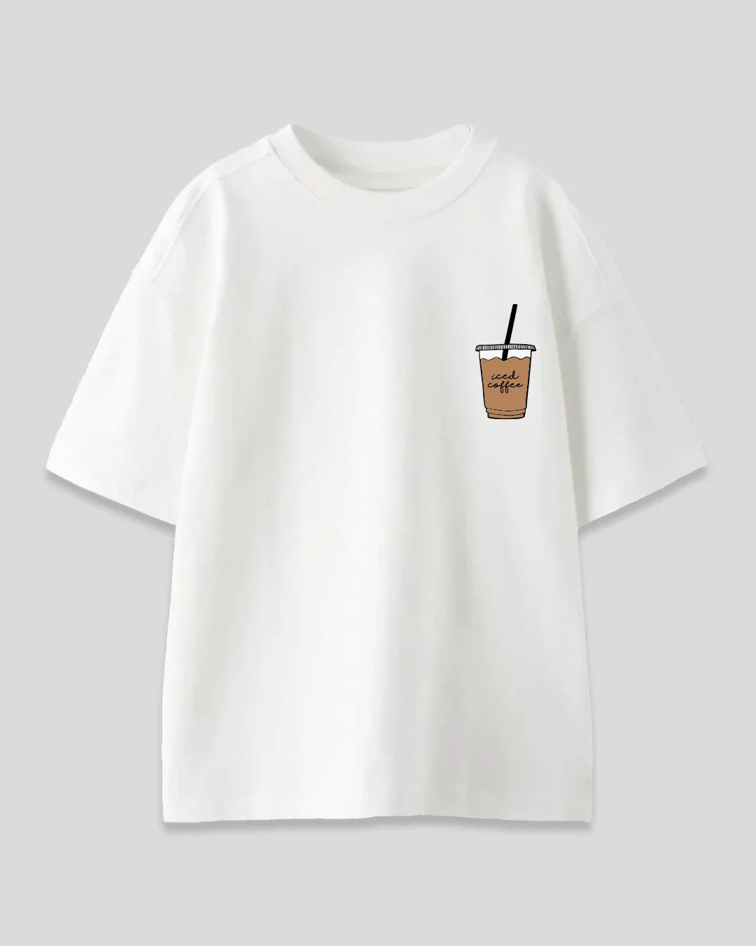 Break Glass Oversized T-Shirt – white OS graphic tee with a small iced coffee cup print, DKY