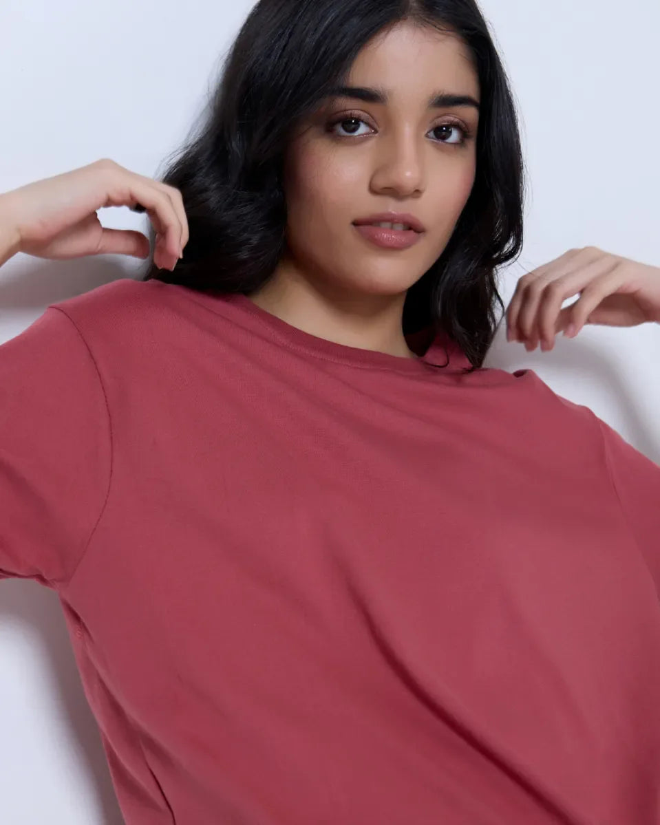 Brick Plain Boxy Oversize T-Shirt by DKY – dusty pink, worn by model