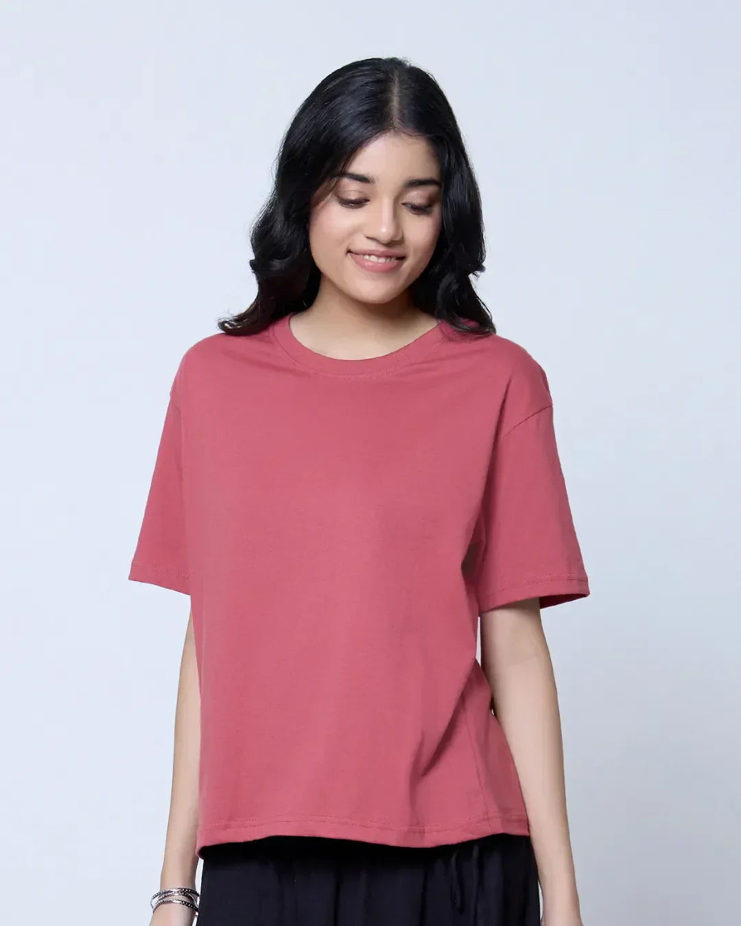Brick Plain Boxy Oversize T-Shirt – brick red, boxy oversized fit short-sleeve crew-neck worn by model