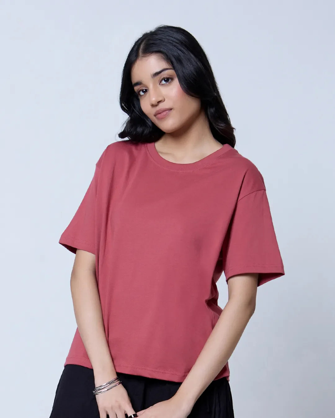 Brick Plain Boxy Oversize T-Shirt – brick red, boxy oversized fit, plain design, worn by model