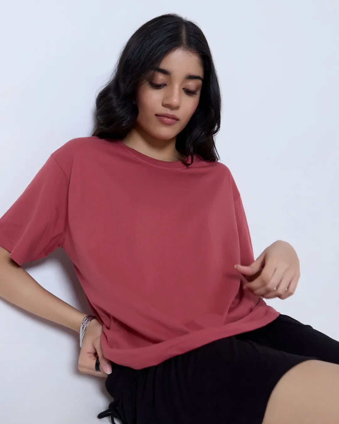 Brick Plain Boxy Oversize T-Shirt - pink boxy fit tee by DKY, 100% pure fabric, worn by model