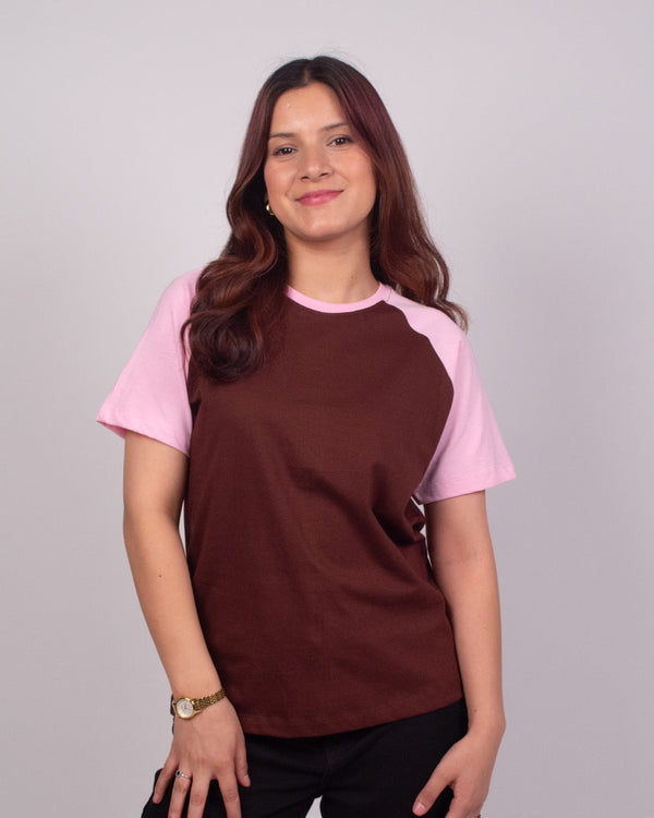 Brown Plain Raglan T-Shirt - brown body with pink raglan sleeves, regular fit tee with plain design, worn by model