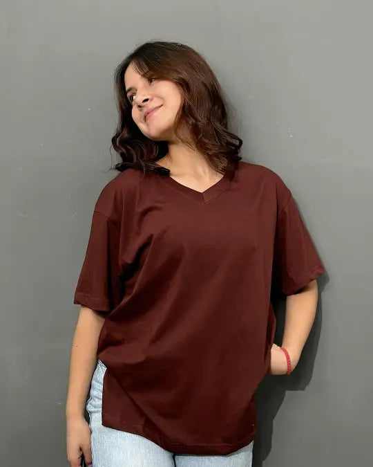 Brown Plain V-Neck Oversize T-Shirt - oversized V-neck tee with plain design, worn by model