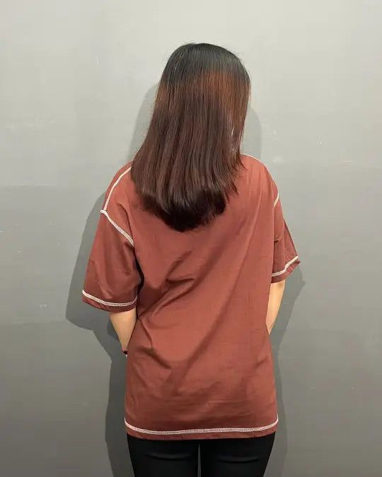 Brown Reverse Weave Plain Oversized T-Shirt by DKY — oversized tee with white stitching, worn by model (back view)