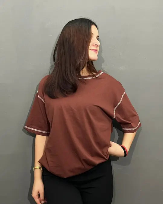 Brown Reverse Weave Plain Oversized T-Shirt – brown OS shirt with visible stitching, worn by model