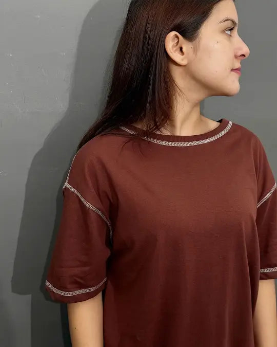 Brown Reverse Weave Plain Oversized T-Shirt with contrast stitching along neckline and sleeves, worn by model