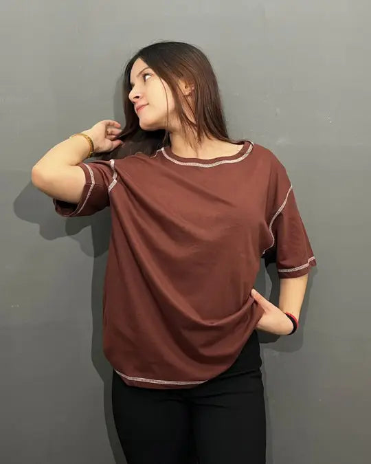Brown Reverse Weave Plain Oversized T-Shirt – worn by model in a relaxed-fit top