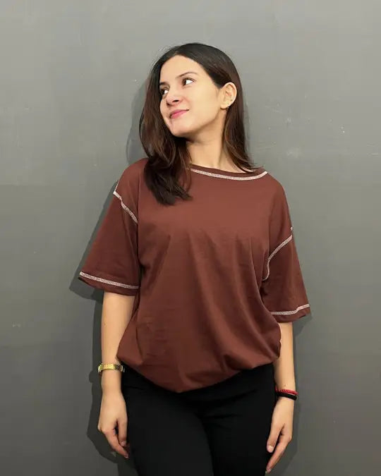 Brown Reverse Weave Plain Oversized T-Shirt for Women Online In India | Dky