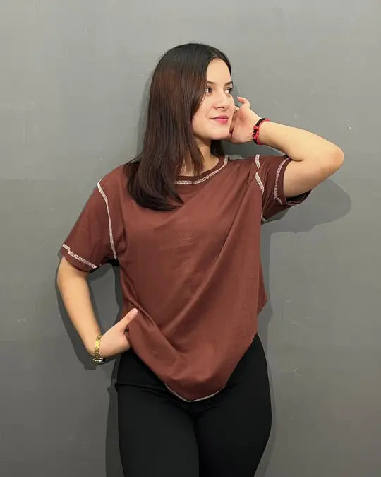 Brown Reverse Weave Plain T-Shirt for Women Online In India | Dky
